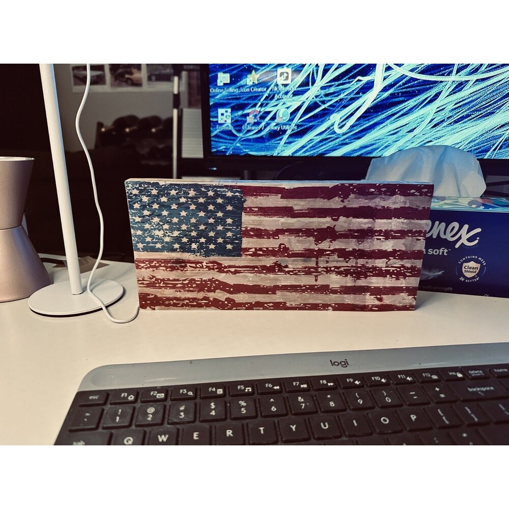 Signed Handmade Wooden American Flag for Desk/Mantle/Distressed 5.5 x 12 Inches